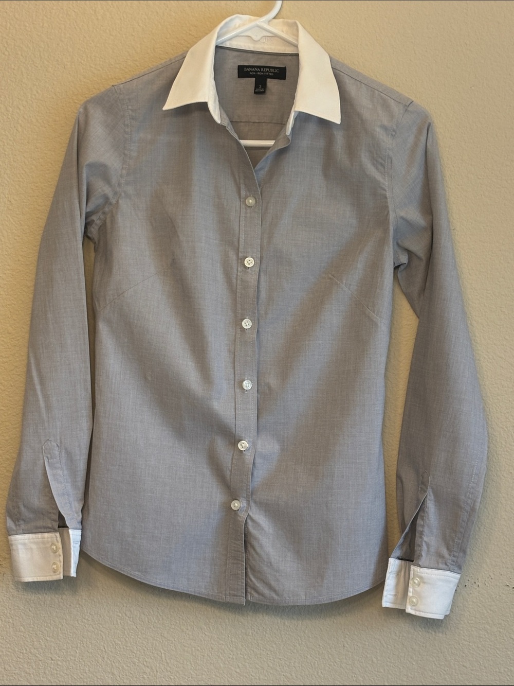 Banana Republic Gray Blouse with White Contrast Collar and Cuffs